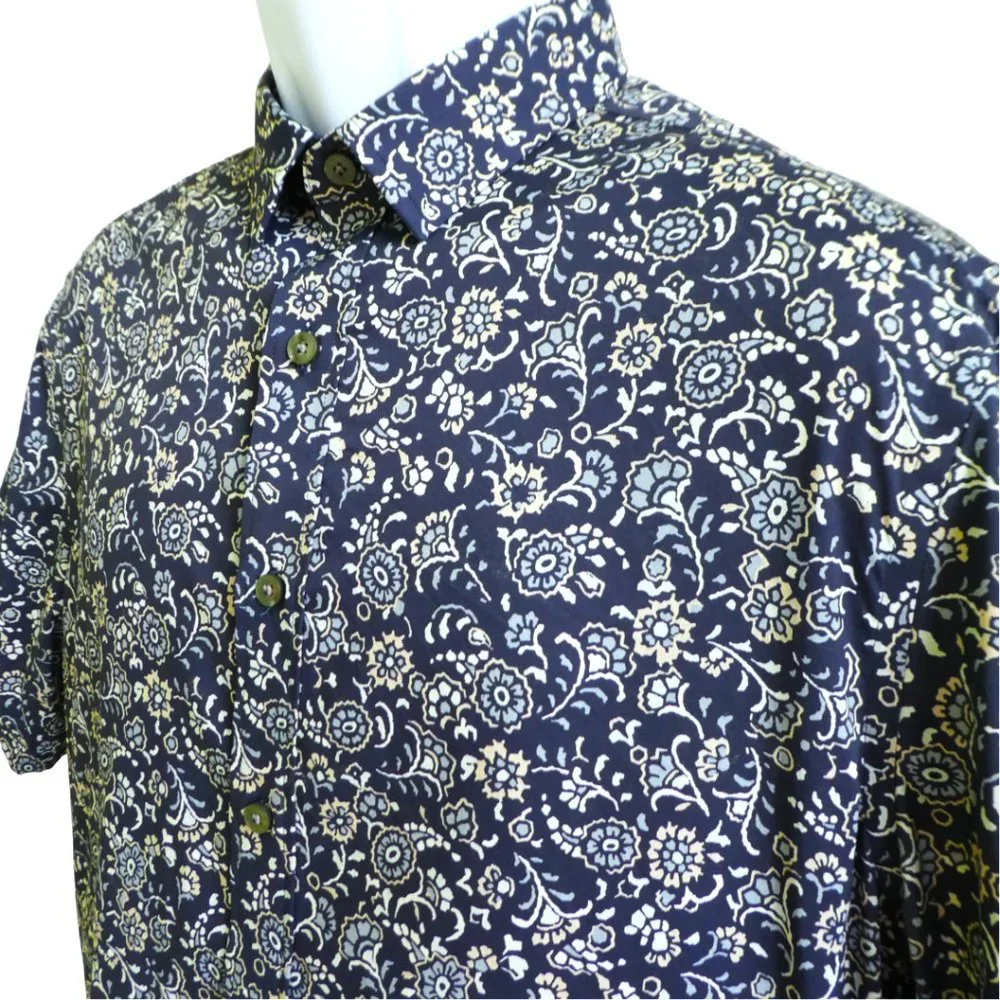 Untuckit USA Floral Shirt Short Sleeve Button Front Palermo Reg Fit Navy Medium